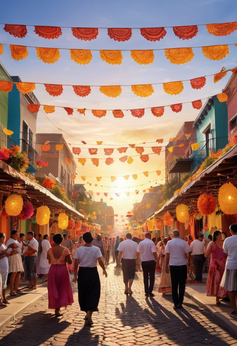 A vibrant celebration scene capturing a diverse Latino community festival, showcasing colorful decorations, traditional costumes, and joyful dancing. Featuring intricate details like papel picado, lively music instruments, and delicious food stalls with cultural cuisines. The atmosphere should radiate warmth and togetherness, with people of all ages participating in the festivities. Brightly colored, with a warm sunset in the background to enhance the festive mood. super-realistic. vibrant colors. 3D.