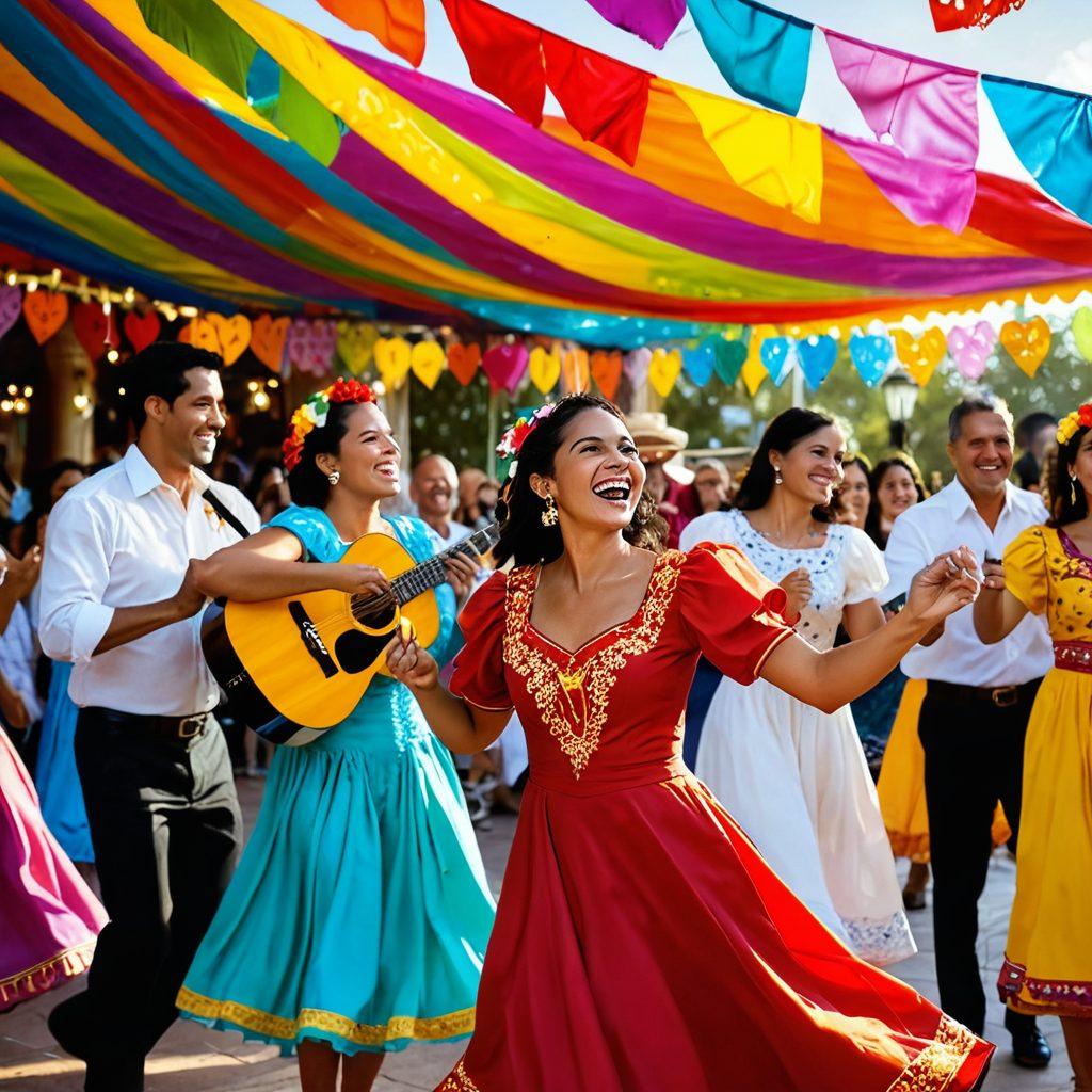 A vibrant scene showcasing a lively Hispanic festival, featuring couples dancing in traditional attire under colorful papel picado banners. A close-up of musicians playing guitars and maracas, surrounded by a joyful crowd, with hearts and music notes subtly integrated into the background. The atmosphere should radiate love and rhythm, with a sunset glow enhancing the colors. super-realistic. vibrant colors. 3D.