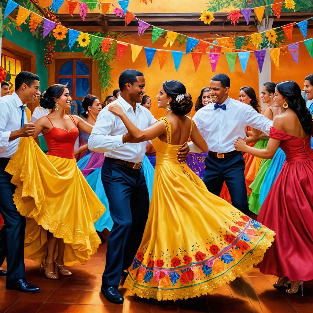 A vibrant celebration scene showcasing a diverse group of couples dancing passionately amidst colorful decorations of papel picado, with traditional Hispanic attire. Incorporate musical instruments like guitars and maracas in the background, symbolizing rhythm. The atmosphere exudes joy, inclusion, and love, surrounded by a festive ambiance filled with warm lighting and floral arrangements. painting. vibrant colors.